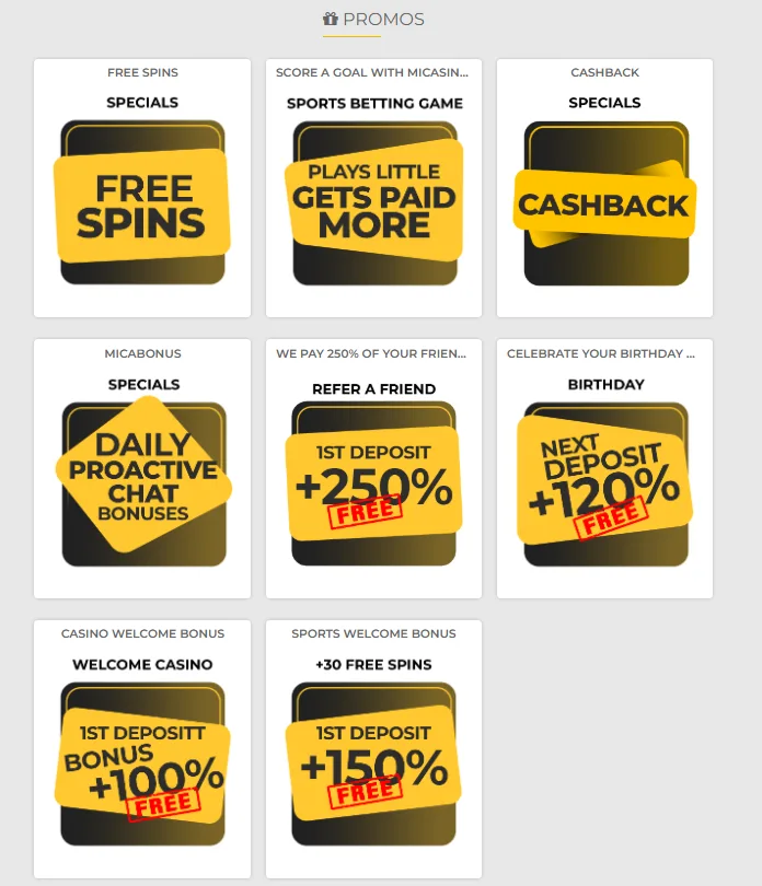 Pagina de promociones de MiCasino con las ocho ofertas activas