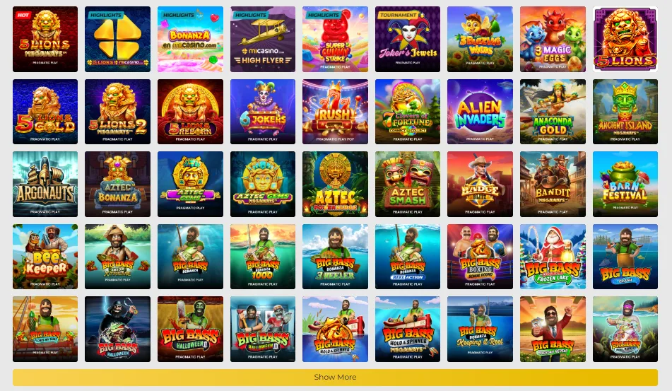 Catalogo de tragamonedas de MiCasino en vista de cuadricula