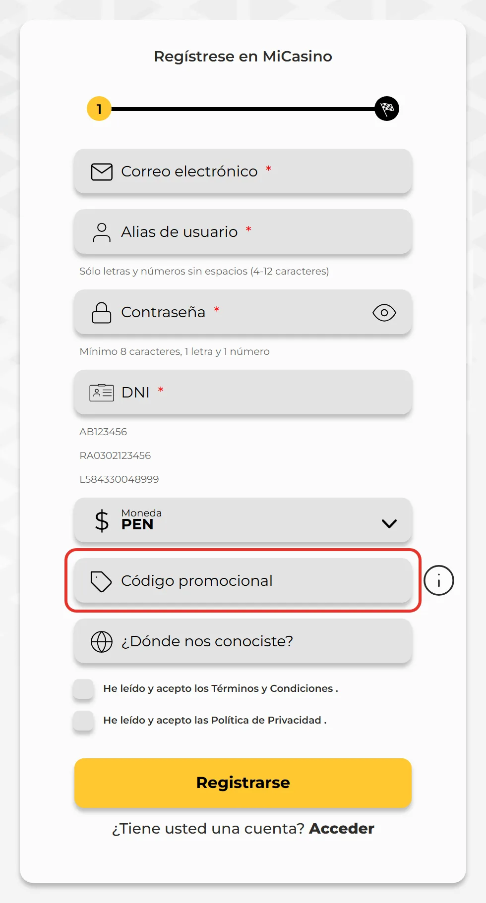 Campo Codigo promocional opcional en el registro de MiCasino
