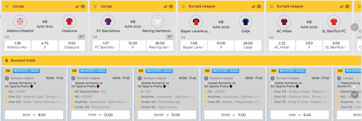 Tabla de cuotas de partidos en el sportsbook de MiCasino