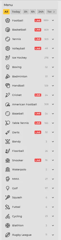 Menu lateral de deportes de MiCasino con futbol, tenis y baloncesto en vivo