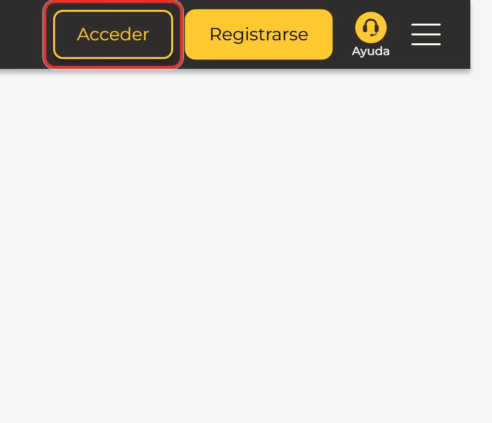 Cabecera de MiCasino con el boton Acceder resaltado