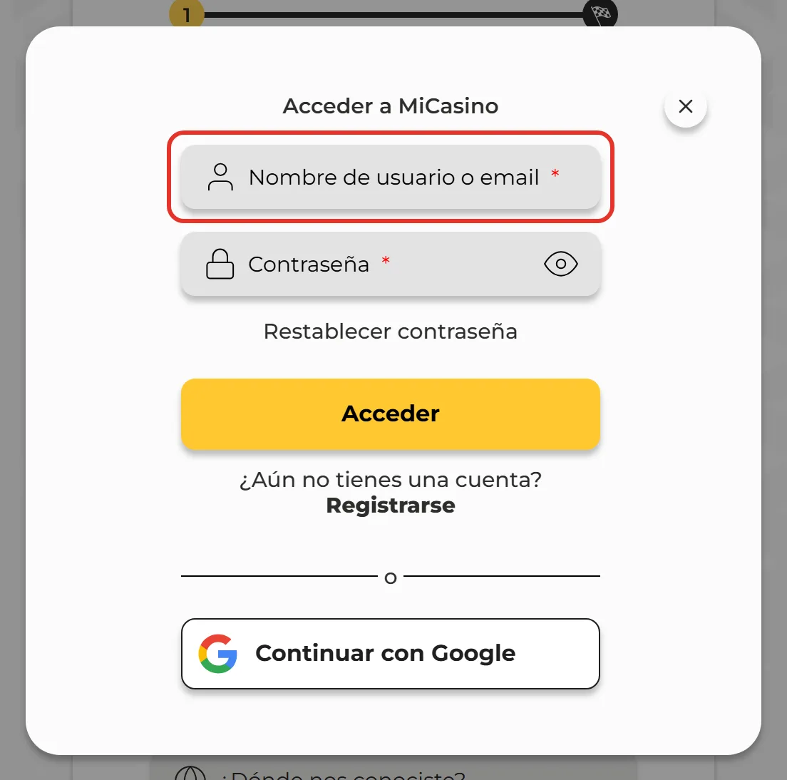 Ventana de acceso de MiCasino con el campo Nombre de usuario o email marcado