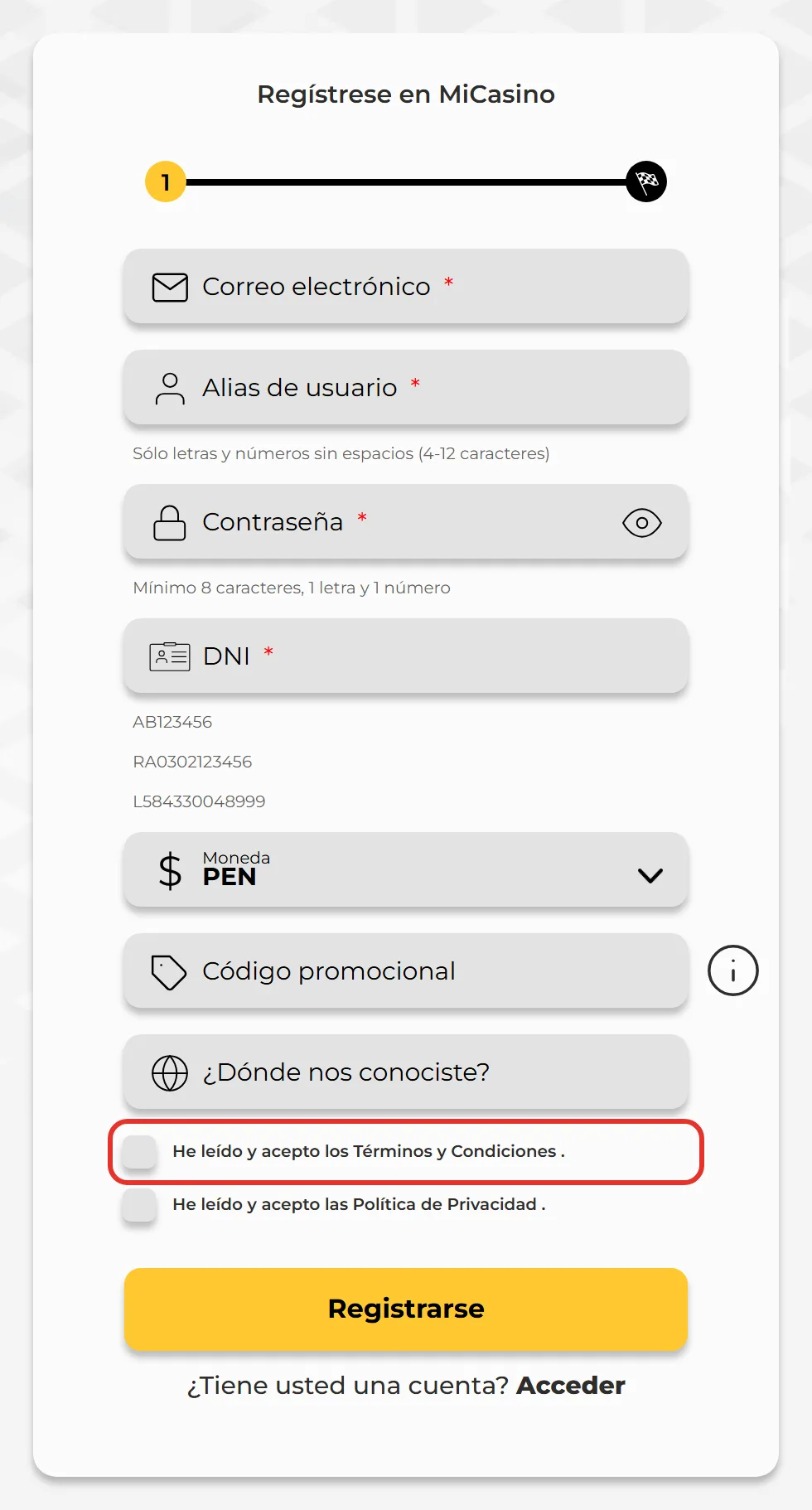 Casilla para aceptar los terminos y condiciones de MiCasino