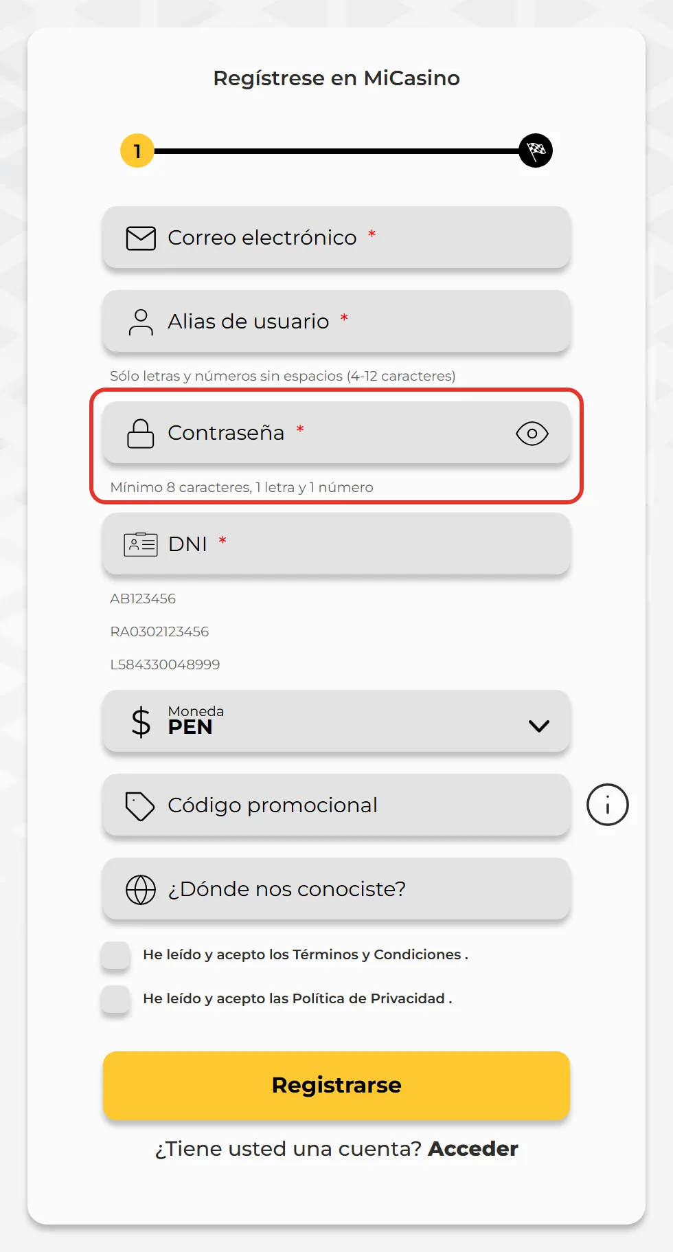 Campo Contrasena del formulario de MiCasino con el icono para mostrarla