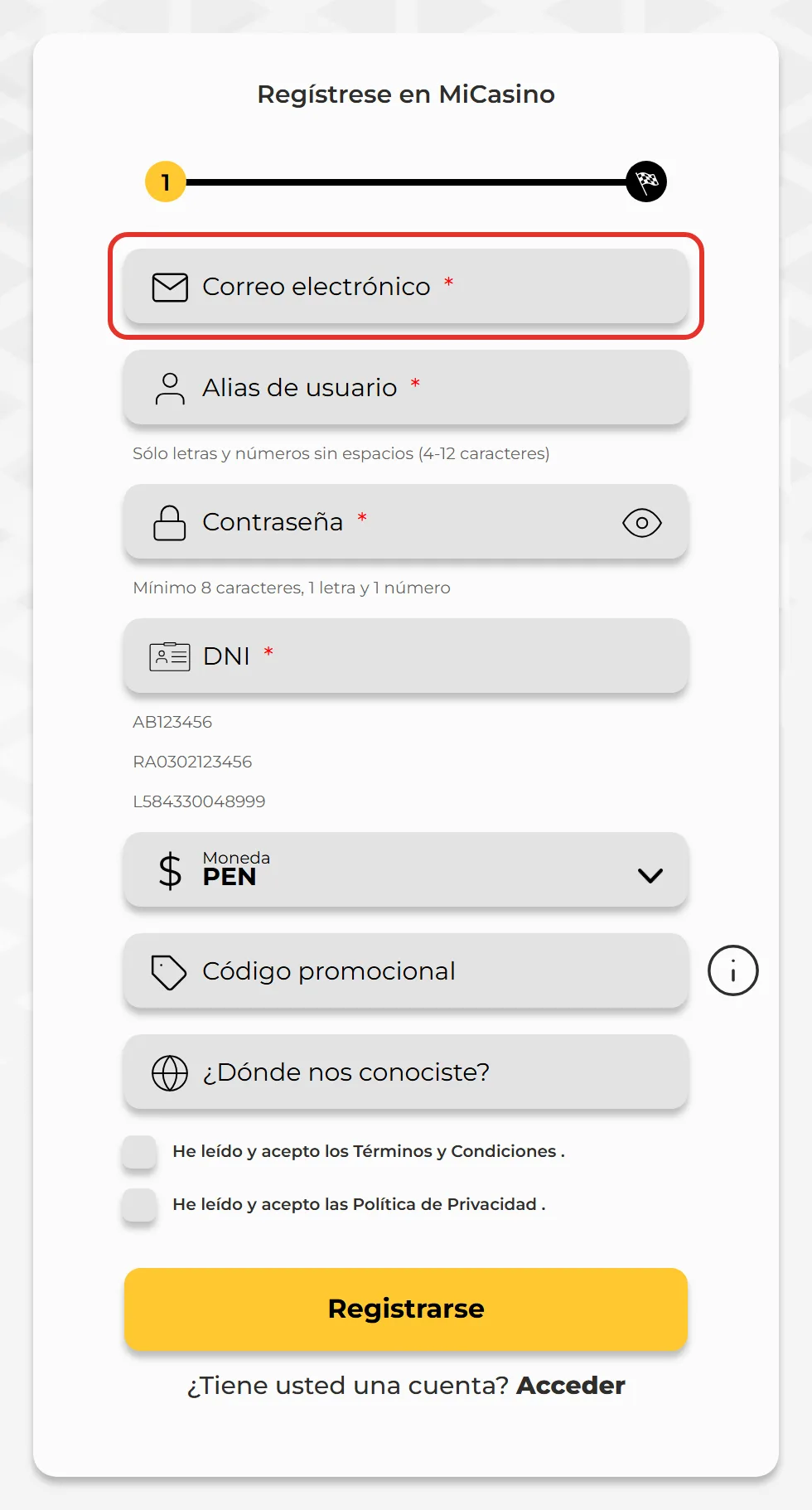 Formulario de registro de MiCasino con el campo de correo electronico marcado