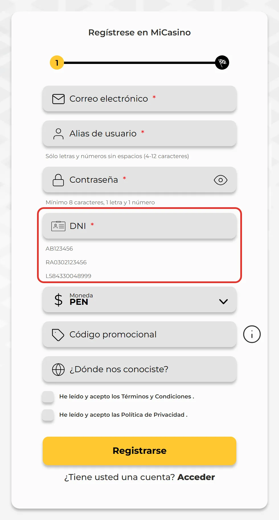 Campo DNI del registro de MiCasino con la moneda en soles peruanos