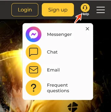 Menu de ayuda de MiCasino con Messenger, chat, correo y preguntas frecuentes